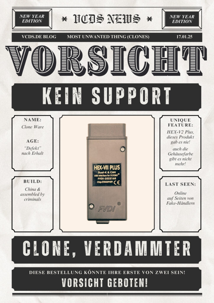 Bild von Fälschung eines HEX-V2 im Steckzettel-Stil Kein support für Clones von VCDS Geräten. Seien Sie vorsichtig beim Kauf bei Drittanbietern oder Privatkäufen.