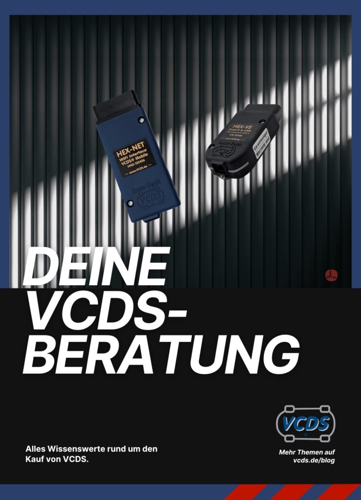 deine vcds Beratung , man sieht HEX NET und HEX V2 schwebend durch ein Licht vom vermutlichen Fenster aus. Unten sieht man das vcds logo und einen Link zu vcds.de/blog